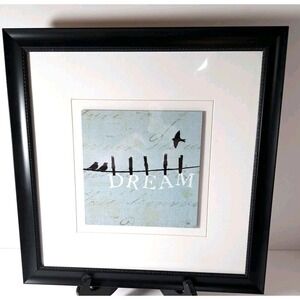 Dream Birds on a Wire Framed Wall Art 12 x 12 Blue Script Background Black Frame